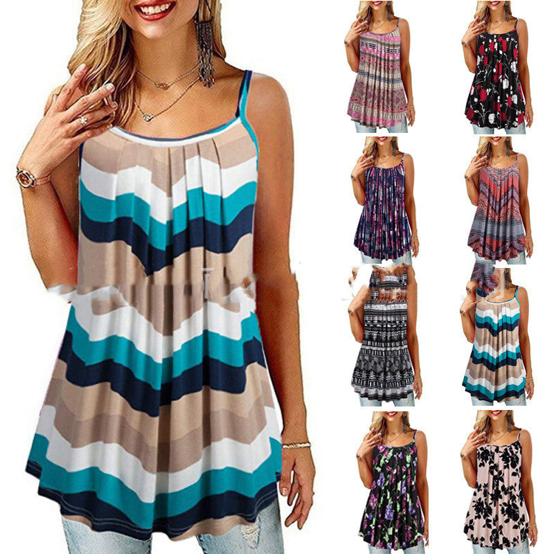 Women's Printed Pleated Wide Hem Loose Camisole - MollyMBS314